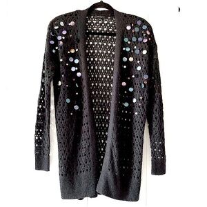 RW&CO Reflective Mirror Details Long Black Open Knit Cardigan Size XS